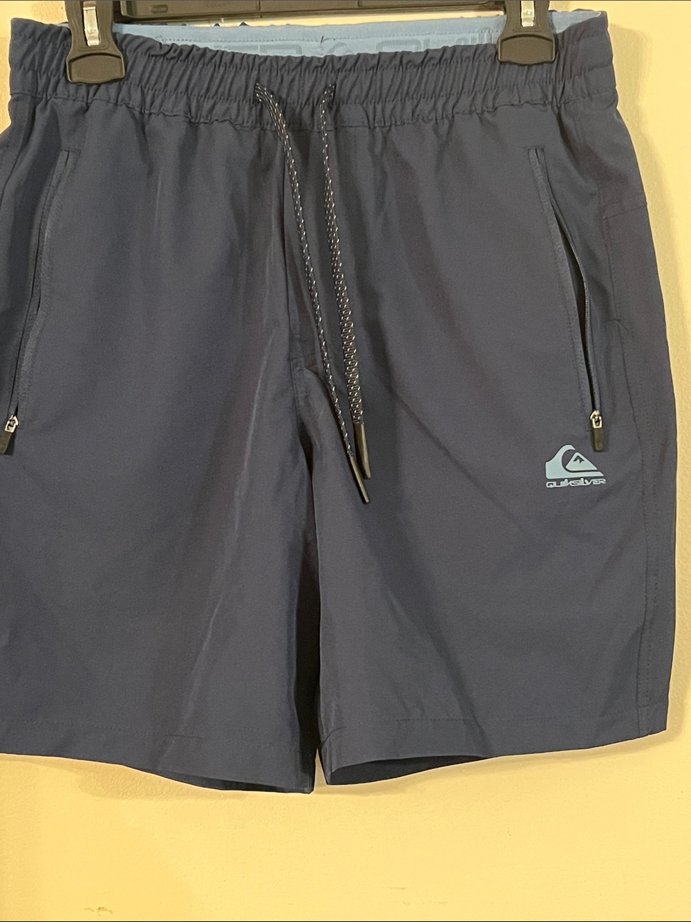 Quiksilver Men's Dark Navy Shorts with Light Blue Logo